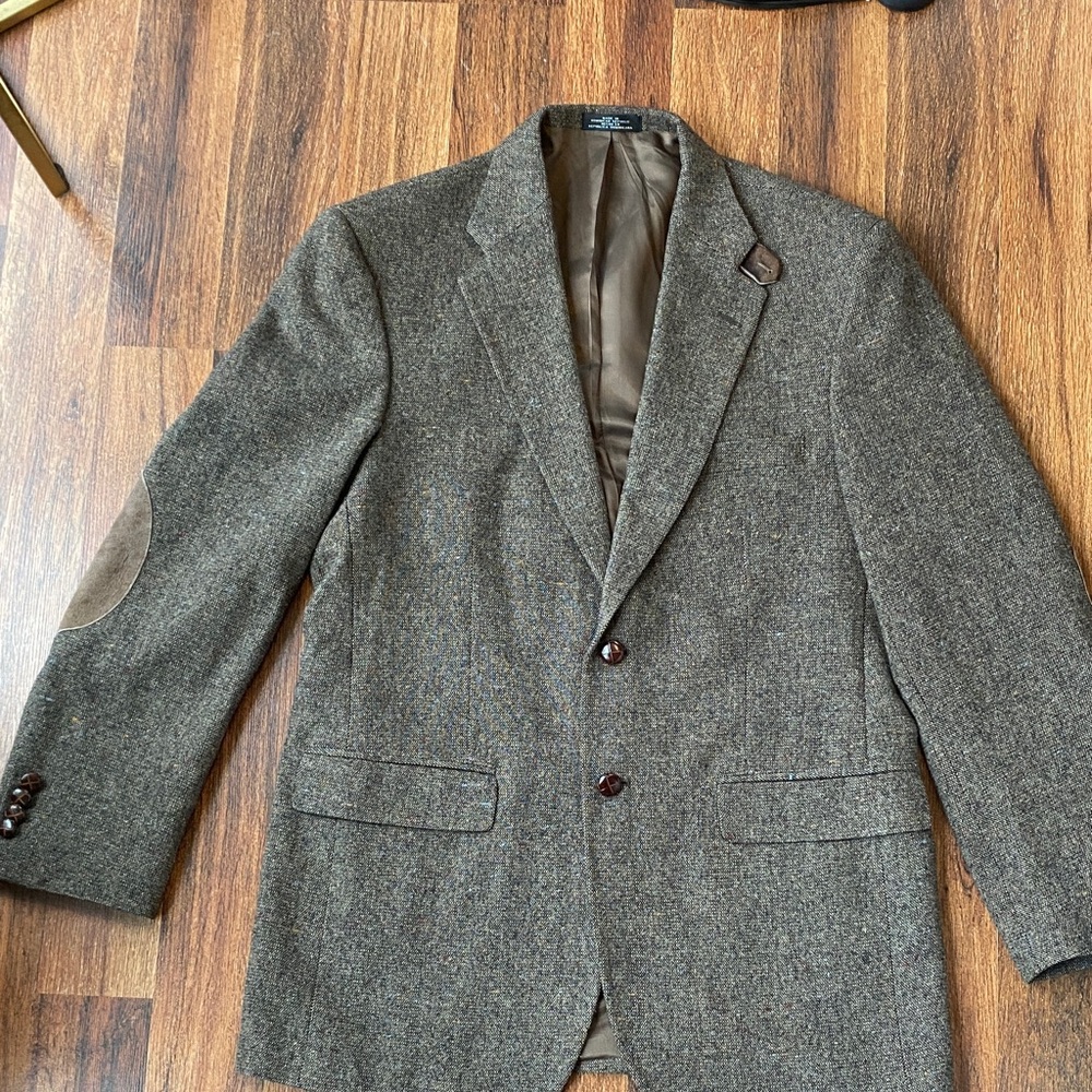 Men’s wool/lambs wool brown tweed elbow patch suit jacket Stafford Sz 40L